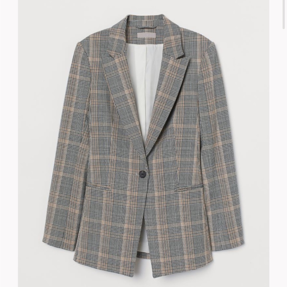 H&M Cream Black Brown Checked Plaid Blazer Size 8